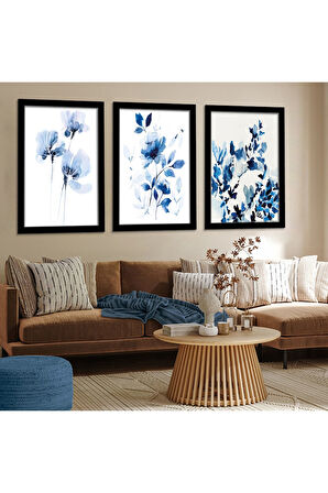 Beyaz Ahşap Çerçeveli Mavi Çiçek Tablo