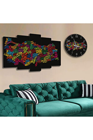 Altılı Mdf Şehir Isimli Türkiye Haritası Saatli Tablo Seti
