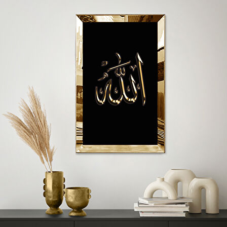 GOLD AYNALI PLEKSİ ÇERÇEVELİ  SİYAH ARKA PLANLI DİNİ ALLAH LAFZI TABLO