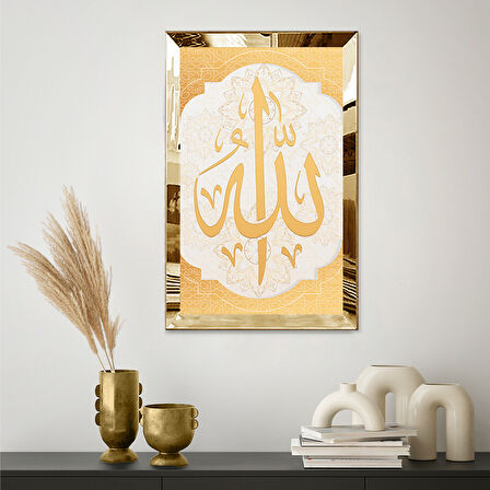 GOLD AYNALI PLEKSİ ÇERÇEVELİ BEYAZ MOTİF ARKA PLANLI DİNİ ALLAH LAFZI TABLO