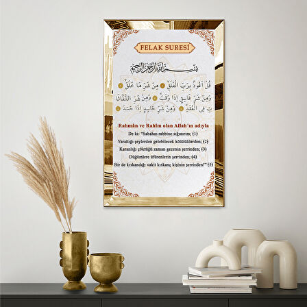 GOLD AYNALI PLEKSİ ÇERÇEVELİ FELAK SURESİ ARAPÇA TÜRKÇE YAZILI TABLO