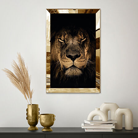 GOLD  AYNALI PLEKSİ ÇERÇEVELİ SİYAH TEMA ÜZERİNE ASİL ASLAN TABLOSU