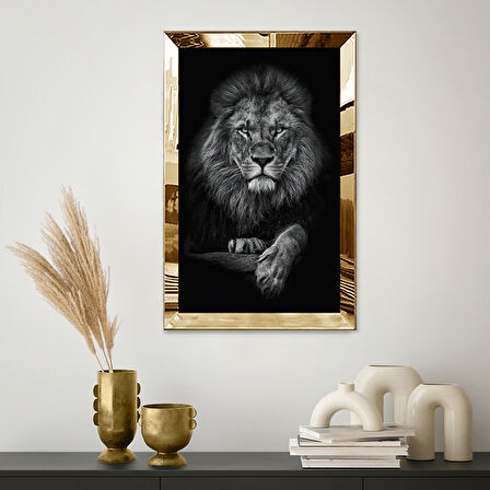 GOLD  AYNALI PLEKSİ ÇERÇEVELİ SİYAH BEYAZ ASİL ASLAN TABLOSU