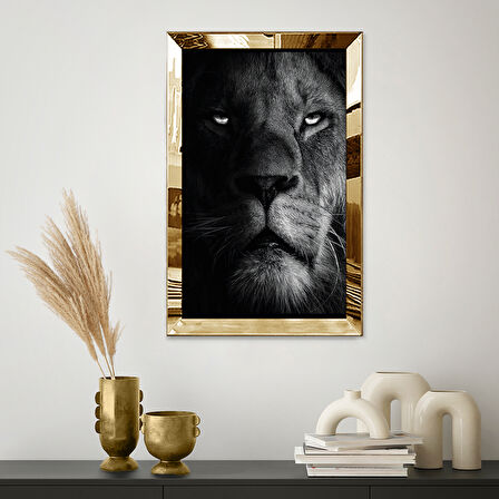 GOLD  AYNALI PLEKSİ ÇERÇEVELİ SİYAH BEYAZ YAKIN GÖRÜNTÜ ASLAN TABLOSU