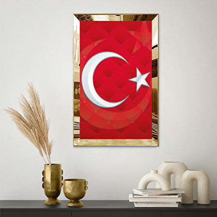 GOLD AYNALI PLEKSİ ÇERÇEVELİ KRIMIZI ARKA PLANLI AY YILDIZ BAYRAK TABLO