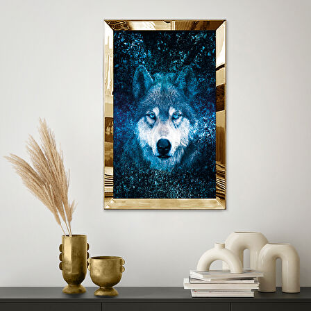 GOLD AYNALI PLEKSİ ÇERÇEVELİ MAVİ GÖZLÜ KURT TABLO