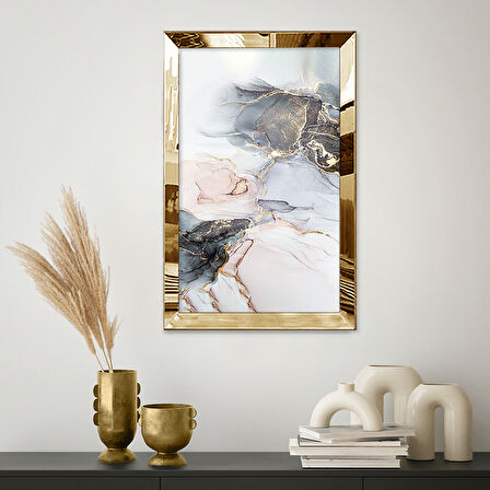 GOLD AYNALI PLEKSİ ÇERÇEVELİ BEYAZ SİYAH GOLD MERMER DESENLİ SOYUT ÇİZİM TABLO