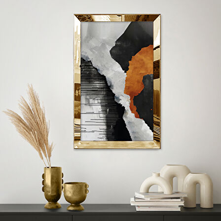 GOLD AYNALI PLEKSİ ÇERÇEVELİ TURUNCU VE SİYAH DESENLİ ÇİZİM SOYUT TABLO