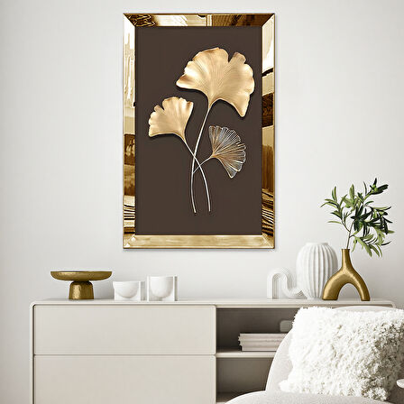 GOLD AYNALI PLEKSİ ÇERÇEVELİ MİNİMALİST KAHVERENGİ BEJ ALTIN SARISI YAPRAKLI ÇİZİM TABLO