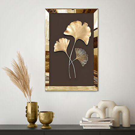 GOLD AYNALI PLEKSİ ÇERÇEVELİ MİNİMALİST KAHVERENGİ BEJ ALTIN SARISI YAPRAKLI ÇİZİM TABLO