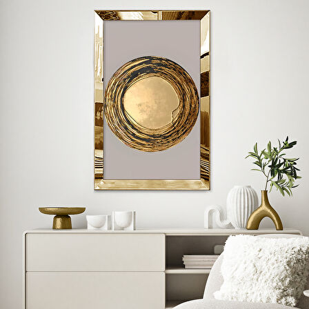 GOLD AYNALI PLEKSİ ÇERÇEVELİ MİNİMALİST GRİ ALTIN SARISI YUVARLAK ŞEKİLLİ ÇİZİM TABLO