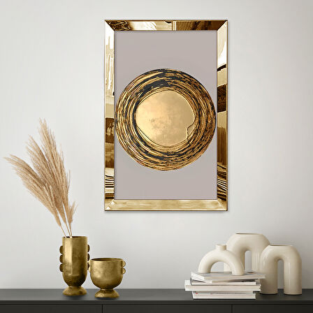 GOLD AYNALI PLEKSİ ÇERÇEVELİ MİNİMALİST GRİ ALTIN SARISI YUVARLAK ŞEKİLLİ ÇİZİM TABLO