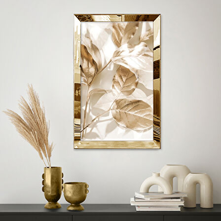 GOLD AYNALI PLEKSİ ÇERÇEVELİ MİNİMALİST BEYAZ SARI YAPRAKLI ZARİF SOYUT ÇİZİM TABLO
