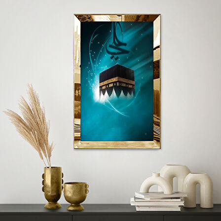 GOLD AYNALI PLEKSİ ÇERÇEVELİ MODERN MAVİ BEYAZ SİYAH KABE DESENLİ ÇİZİM TABLO