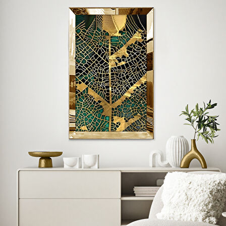 GOLD AYNALI PLEKSİ ÇERÇEVELİ MİNİMALİST SİYAH ALTIN SARISI YAPRAK DESENLİ SOYUT ÇİZİM TABLO