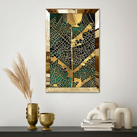 GOLD AYNALI PLEKSİ ÇERÇEVELİ MİNİMALİST SİYAH ALTIN SARISI YAPRAK DESENLİ SOYUT ÇİZİM TABLO
