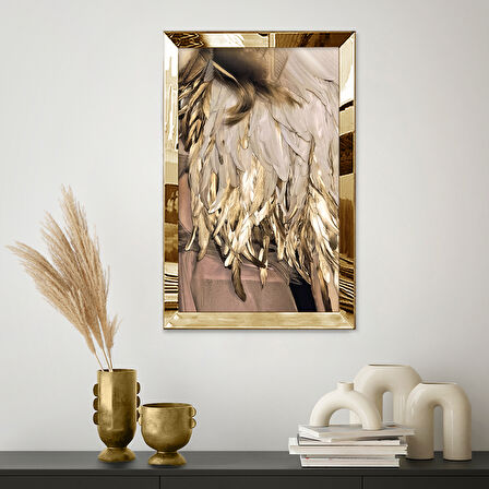 GOLD AYNALI PLEKSİ ÇERÇEVELİ MODERN KAHVERENGİ ALTIN SARISI SOYUT ÇİZİM TABLO