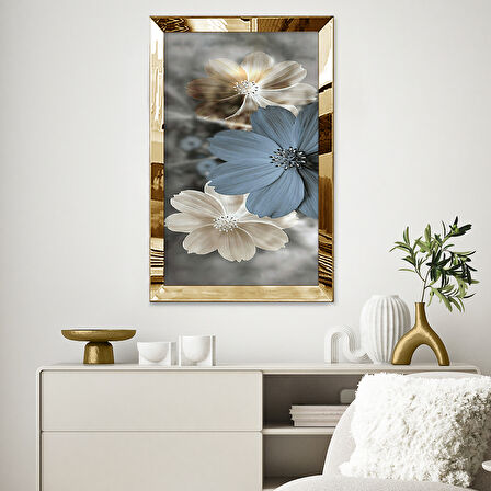 GOLD AYNALI PLEKSİ ÇERÇEVELİ MODERN GRİ SARI ÇİÇEK DESENLİ SOYUT ÇİZİM TABLO