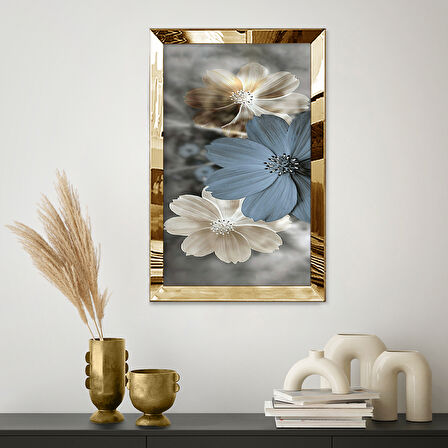 GOLD AYNALI PLEKSİ ÇERÇEVELİ MODERN GRİ SARI ÇİÇEK DESENLİ SOYUT ÇİZİM TABLO