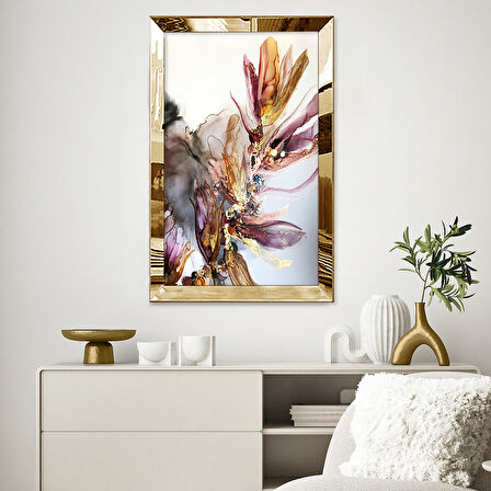 GOLD AYNALI PLEKSİ ÇERÇEVELİ MİNİMALİST PEMBE TURUNCU ÇİÇEK DESENLİ SOYUT ÇİZİM TABLO