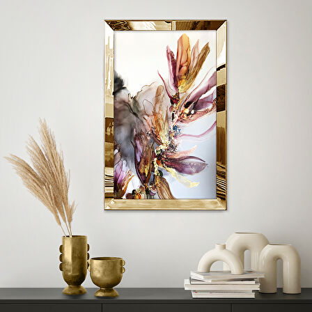 GOLD AYNALI PLEKSİ ÇERÇEVELİ MİNİMALİST PEMBE TURUNCU ÇİÇEK DESENLİ SOYUT ÇİZİM TABLO