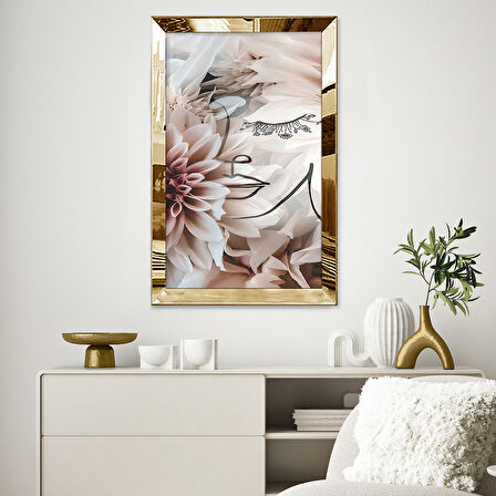 GOLD AYNALI PLEKSİ ÇERÇEVELİ MODERN ÇİÇEKLİ PEMBE SURETLİ SOYUT ÇİZİM TABLO