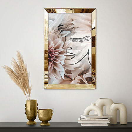 GOLD AYNALI PLEKSİ ÇERÇEVELİ MODERN ÇİÇEKLİ PEMBE SURETLİ SOYUT ÇİZİM TABLO