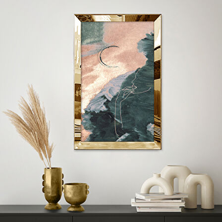 GOLD AYNALI PLEKSİ ÇERÇEVELİ MODERN ÇİÇEKLİ MAVİ SURETLİ SOYUT ÇİZİM TABLO