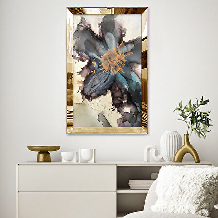 GOLD AYNALI PLEKSİ ÇERÇEVELİ SULUBOYA TARZINDA SOYUT ÇİÇEK TABLOSU