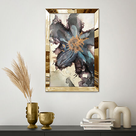 GOLD AYNALI PLEKSİ ÇERÇEVELİ SULUBOYA TARZINDA SOYUT ÇİÇEK TABLOSU