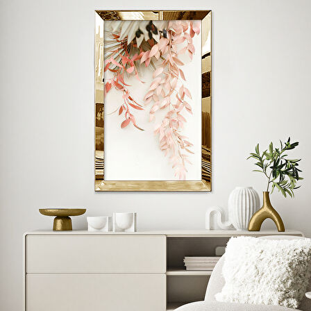 GOLD AYNALI PLEKSİ ÇERÇEVELİ KÜÇÜK PEMBE YAPRAKLAR TABLOSU