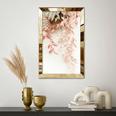 GOLD AYNALI PLEKSİ ÇERÇEVELİ KÜÇÜK PEMBE YAPRAKLAR TABLOSU