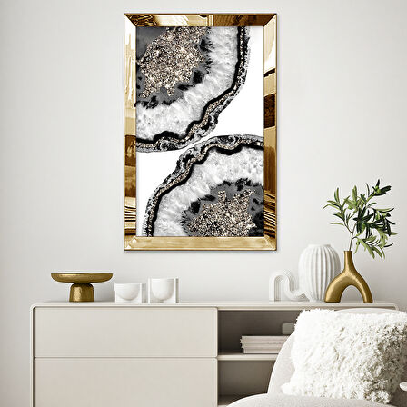 GOLD AYNALI PLEKSİ ÇERÇEVELİ DOĞAL TAŞ GÖRÜNÜMLÜ GÜMÜŞ SOYUT TASARIM TABLOSU