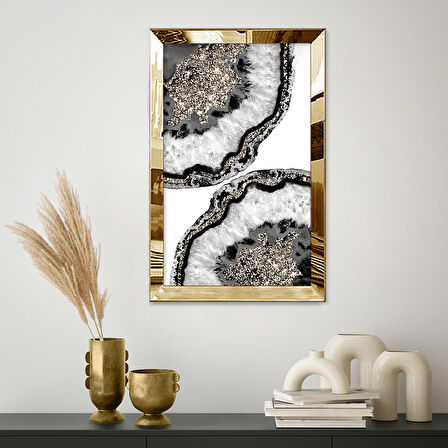 GOLD AYNALI PLEKSİ ÇERÇEVELİ DOĞAL TAŞ GÖRÜNÜMLÜ GÜMÜŞ SOYUT TASARIM TABLOSU