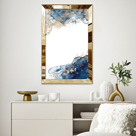 GOLD AYNALI PLEKSİ ÇERÇEVELİ MAVİ VE ALTIN RENKLİ SOYUT TASARIM TABLOSU