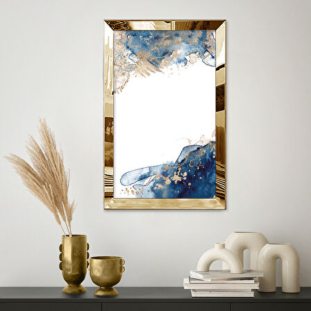 GOLD AYNALI PLEKSİ ÇERÇEVELİ MAVİ VE ALTIN RENKLİ SOYUT TASARIM TABLOSU