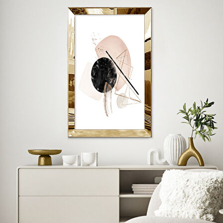 GOLD AYNALI PLEKSİ ÇERÇEVELİ PEMBE VE SİYAH GEOMETRİK SANAT TABLOSU