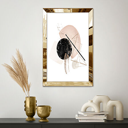 GOLD AYNALI PLEKSİ ÇERÇEVELİ PEMBE VE SİYAH GEOMETRİK SANAT TABLOSU