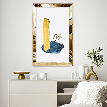 GOLD AYNALI PLEKSİ ÇERÇEVELİ MAVİ VE ALTIN RENKLİ DESENLİ ŞEKİLLER TABLOSU