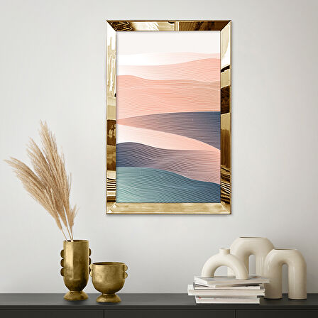 GOLD AYNALI PLEKSİ ÇERÇEVELİ PEMBE VE MAVİ RENKLİ ÇİZGİLİ SOYUT TASARIM TABLOSU