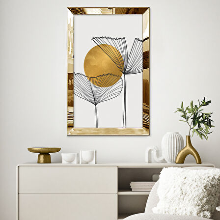 GOLD AYNALI PLEKSİ ÇERÇEVELİ ÇİZGİ SANATI TARZINDA ÇİÇEKLER TABLOSU