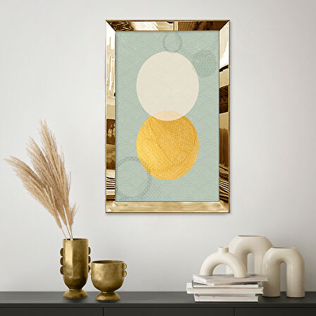 GOLD AYNALI PLEKSİ ÇERÇEVELİ DESENLİ GÜNEŞ VE AY SOYUT TASARIM TABLOSU