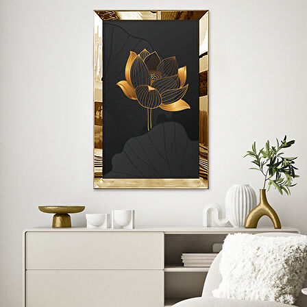 GOLD AYNALI PLEKSİ ÇERÇEVELİ ÇİZGİSEL ALTIN VE SİYAH RENKLİ ÇİÇEK TABLOSU