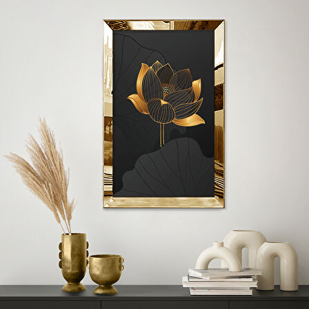 GOLD AYNALI PLEKSİ ÇERÇEVELİ ÇİZGİSEL ALTIN VE SİYAH RENKLİ ÇİÇEK TABLOSU