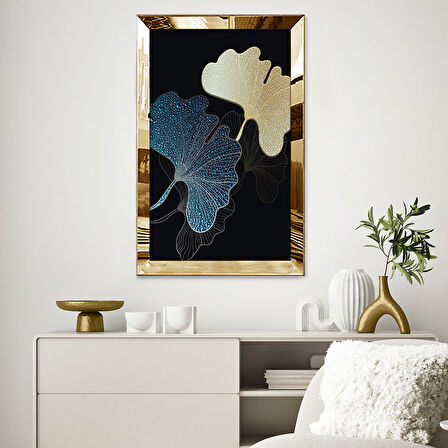 GOLD AYNALI PLEKSİ ÇERÇEVELİ ALTIN VE MAVİ RENKLİ TROPİKAL YAPRAKLAR TABLOSU