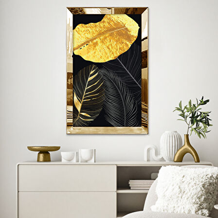 GOLD AYNALI PLEKSİ ÇERÇEVELİ ALTIN VE GRİ YAPRAKLAR TABLOSU