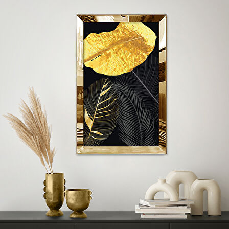 GOLD AYNALI PLEKSİ ÇERÇEVELİ ALTIN VE GRİ YAPRAKLAR TABLOSU
