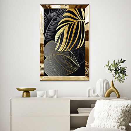 GOLD AYNALI PLEKSİ ÇERÇEVELİ SİYAH VE ALTIN PALMİYE YAPRAKLARI TABLOSU