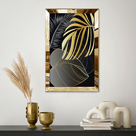 GOLD AYNALI PLEKSİ ÇERÇEVELİ SİYAH VE ALTIN PALMİYE YAPRAKLARI TABLOSU