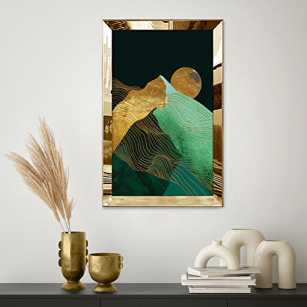 GOLD AYNALI PLEKSİ ÇERÇEVELİ ALTIN VE YEŞİL RENKLİ DAĞ MANZARASI VE DOLUNAY TABLOSU